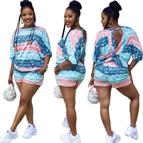 Hot S-2XL Tie Dye Women Set Two Piece Set Tracksuit Open Back Tops Shorts Jogger Suit Fitness Outfit Matching Set New 2021