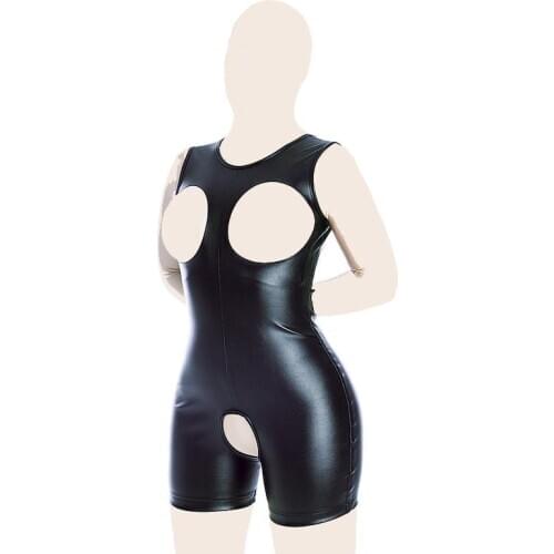 Women Faux Leather Open Butt Cupless Bodysuit Back Lace Up Corset Erotic Fetish Lingerie Bondage Costume