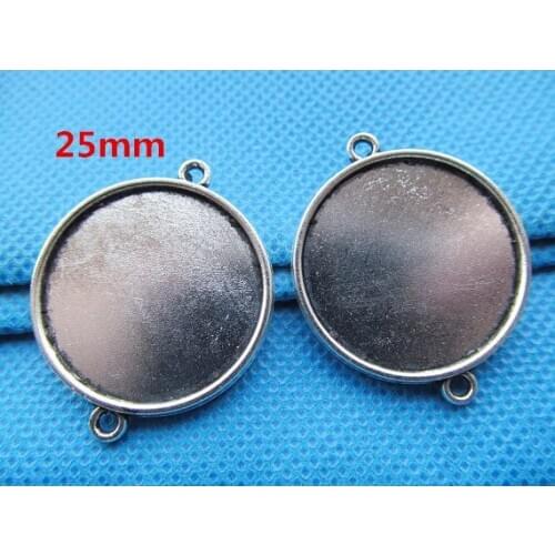 10pcs Antique Silver/Bronze Round Base Setting Tray Bezel Connector Charm,fit 25mm Cabochon/Cameo,Double Same Side,Two Loops