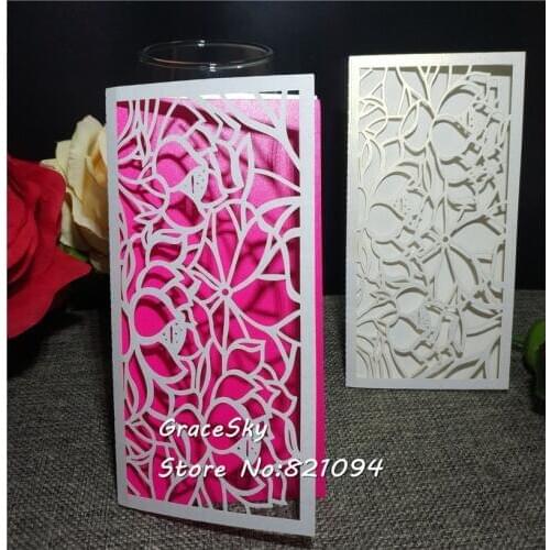 50pcs free shipping New 74*148mm Laser cutting Lace Flowers Wedding invitation cards wedding party Save the date cards RSVP card