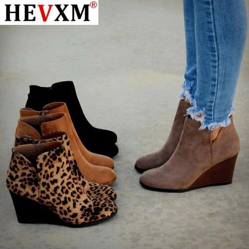 Round head Toe Booties Winter Women Leopard Ankle Boots Lace Up Footwear Platform High Heels Wedges Shoes Woman Bota Feminina