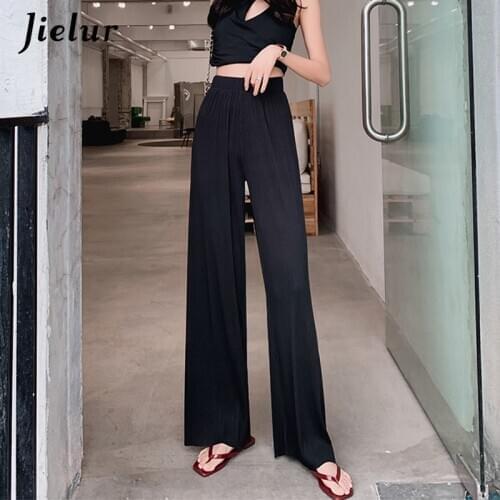 Jielur 2021 High Waist Pleated Pants Female S-XXL Thin Simple Loose Straight Women Trousers Black Navy Blue Wide Leg Long Pants