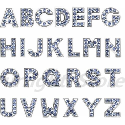 1pc A-Z Light Blue Rhinestone English Letter Alphabet Internal Dia: 8mm Slide Letter Charms Fit DIY Keychain Bracelet Pet Collar
