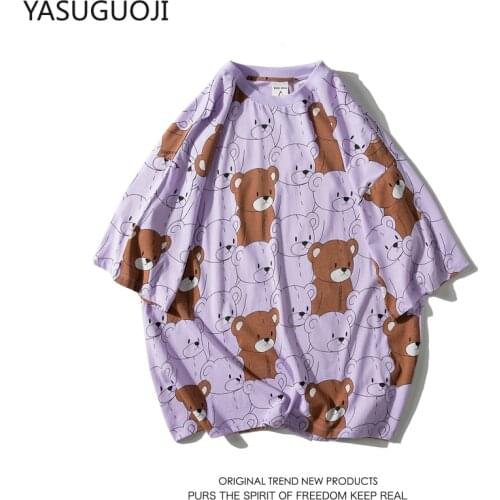 YASUGUOJI Men Cool Summer Loose Men/Women T Shirt Casual Short Sleeve Bear Print Anime Tshirt Japanese Summer T-Shirt Tops Tee