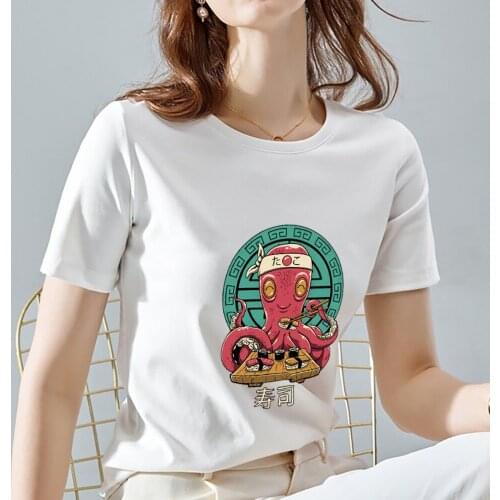 T-shirt Womens Summer Commuter Casual Cute Japanese Buddhist Octopus Print Pattern Round Neck Slim Top Soft Ladies White Shirt