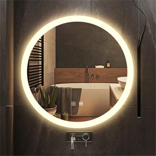 Round Smart Makeup Vanity Bathroom Mirror 3 Color Adjustable LED LIght Multifunction With Demist Brightness Sensory Switch