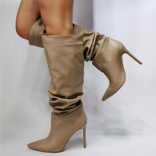 Linamong New Woman Khaki Pleated Knee High Boots Pointed Toe Stiletto Heels Loose Slip On Long Boots Botas Plus Size Shoes
