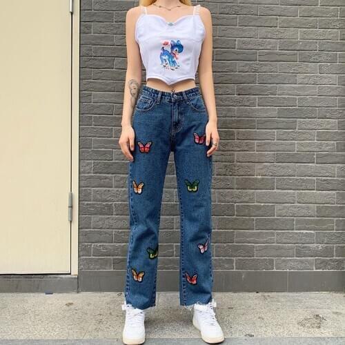 Cute Cargo Pants High Waist Jeans Stretch Girls' Color Butterfly Print Slim Straight Leg Jeans Jean For Women Stylish Design