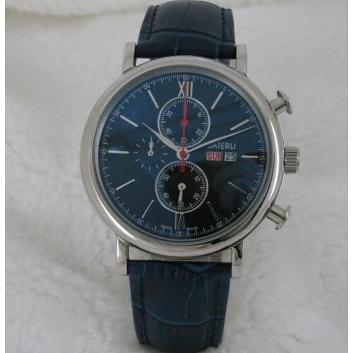 43MM Blue Dial Double Calendar OS Chronograph Quartz Mens Watch Ultra-thin Stainless Steel Casual Clock Blue Leather Strap A135