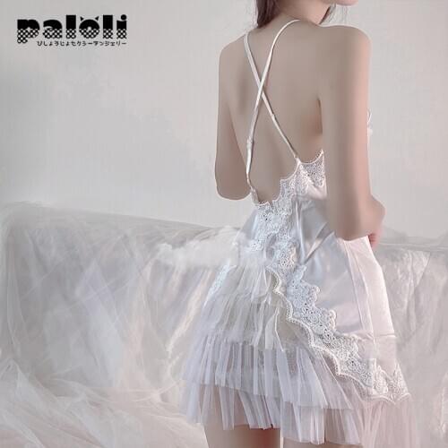 Sexy French Suspender Sleepwear for Female Nightie Imitate Silk Hollow Lace Backless White Night Dress Womens Home Clothes