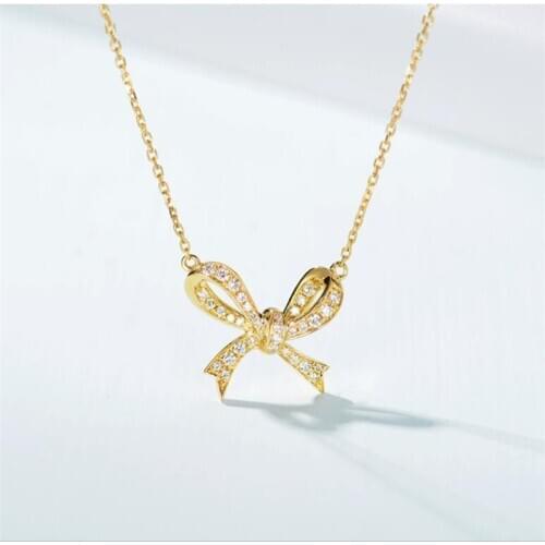 Luxury Jewelry Simple Sweet Cute 925 Sterling Silver&Gold Fill Pave White 5A CZ Diamond Bow Pendant Women Clavicle Necklace Gift