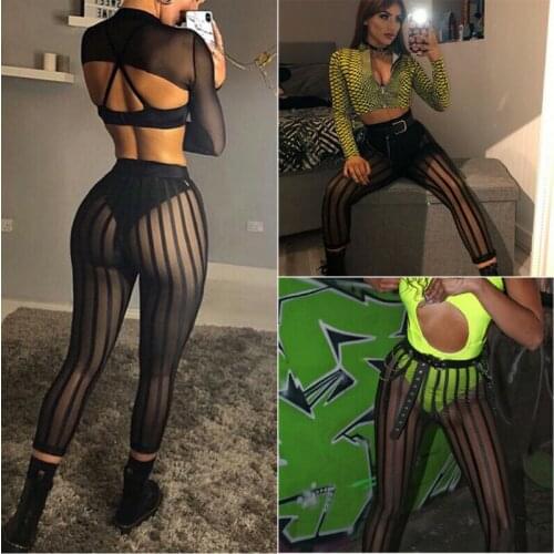 Sexy Mesh Striped Leggings Women Striped Mesh Perspective Pants Knee Length Slim Trousers Club Wear Beach Bikini Cover Up Pants
