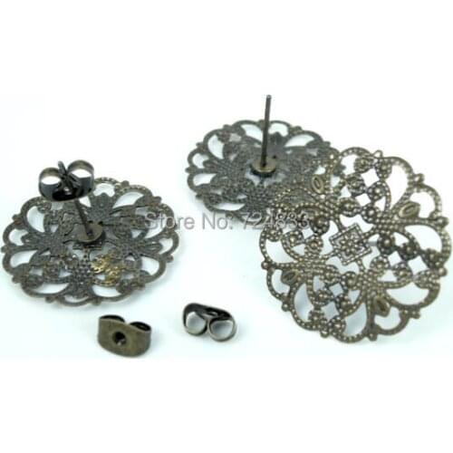 22mm Blank Earrings Bases Circle Filigree Flower Stud Earrings Post w/ Backing Stopper Settings Findings Bronze tone Wholesale
