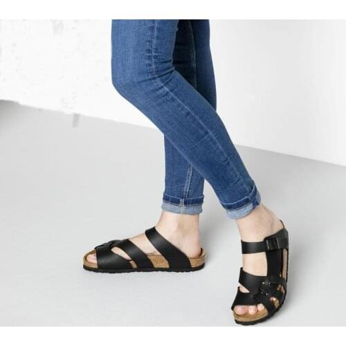 35-45 male and female couple narrow band slippers mixed colors silver black buckle sandal print lemon open toe cork beach slides