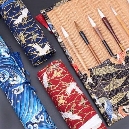 Retro Chinese Style Roll Up Brush Pen Bag Protective Painting Brush Bag Tools Bamboo Embroidery Pen Case School Art Supplies