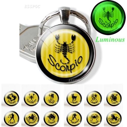 Glow In The Dark 12 Constellation Keychain Luminous Zodiac Sign Glass Cabochon Jewelry Keyring Pendants Leo Virgo Birthday Gifts