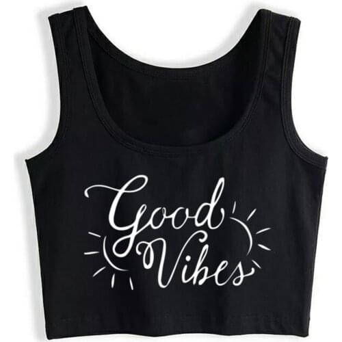 Crop Top Female Good Vibes Basic White Cotton Tops Women