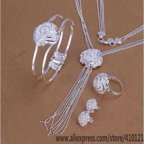 S248 Hot Sale High Quality Anniversary Jewelry Sets, Jewelry Elegant Charms Fashion Rose Ring Stud Earrings Bangle Necklace