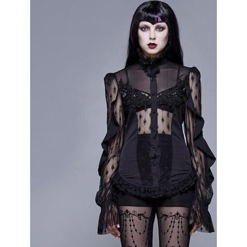 EVA LADY Womens Gothic Sexy Transparent Lace Long Sleeve Shirt Fashion Adjustable Puff Sleeve Daily Casual Blouses Top