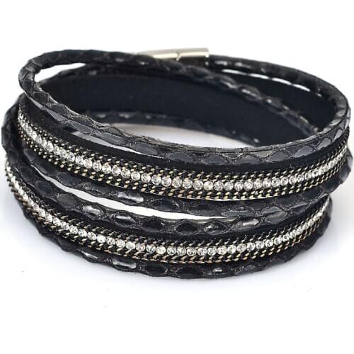 Miasol Double Wrap Metal Chain And Full Crystal Rhinestones Snake Skin Leather Magnetic Clasp Bracelet For Women Bracelet Gift