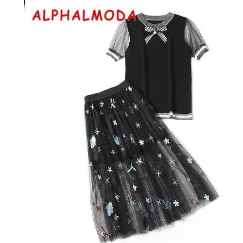 ALPHALMODA 2018 Summer Womens Preppy Style Bow Sweater + Lace Skirts 2pcs Sets Female Graceful Perspective Skirt Suits