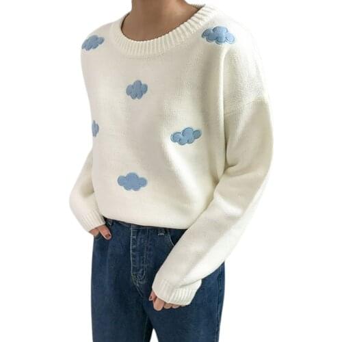 Women Casual Knit Sweater Adults Cute Cloud Pattern Long Sleeve Round Neck Pullover Spring And Autumn 2021 New