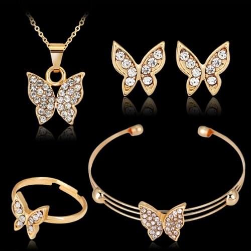 New Brand Cute Butterfly Gold-color Rhinestone Necklace Stud Earring Bracelet Ring Set for Women Wedding Jewelry Set