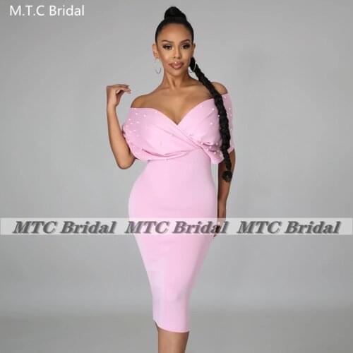 2021 Off The Shoulder Short Pink Prom Dresses With Pearls Sheath Knee Length Elegant Black Women Wedding Party Formal Gowns