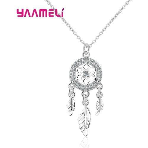 New Sterling S925 Silver Dream Catcher Feather Necklaces Pendant Charming Rhinestones Inlaid Fashion Dreamcatcher for Women Gift