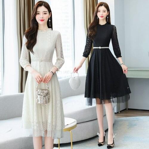 COIGARSAM Women Dress Autumn 2021 New Patchwork Solid Lace Mesh Stand Neck High Waist Beige Black Dresses Traf Robe Vestidos