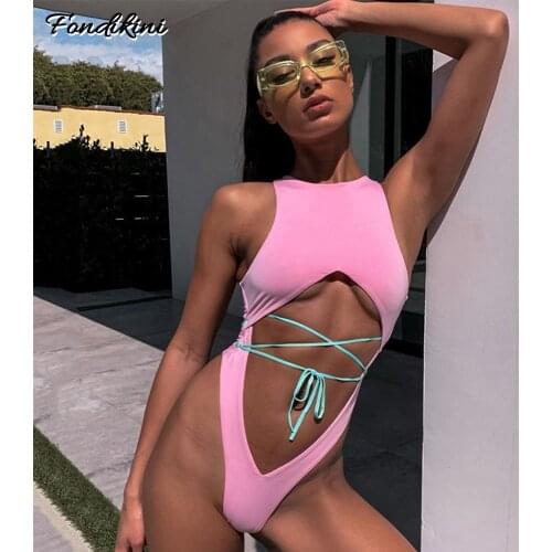 2020 Sexy Cutout One Piece Swimwear Women Solid Bandage Swimsuit Brazilian Summer Push Up Beach Bathing Suit Female monokini