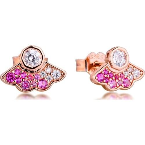 Authentic 925 Sterling Silver Rose Gold Pink Fan Stud Earrings for Women Ear Fashion Jewelry Brincos 2020 New