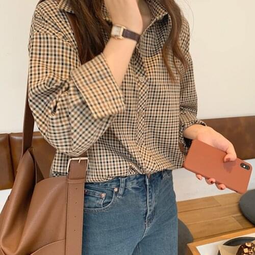 Korean Style Girls Blouse Retro Style Plaid Loose Cotton Long Sleeve Shirt for Summer LXH