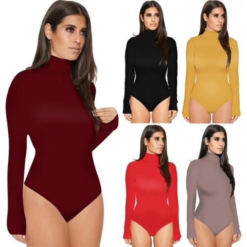 Sexy Solid Turtleneck Bodysuit Long Sleeve Tops Autumn Winter Elegant Slim Femme Bodycon Black White Bodysuit Womens Jumpsuit