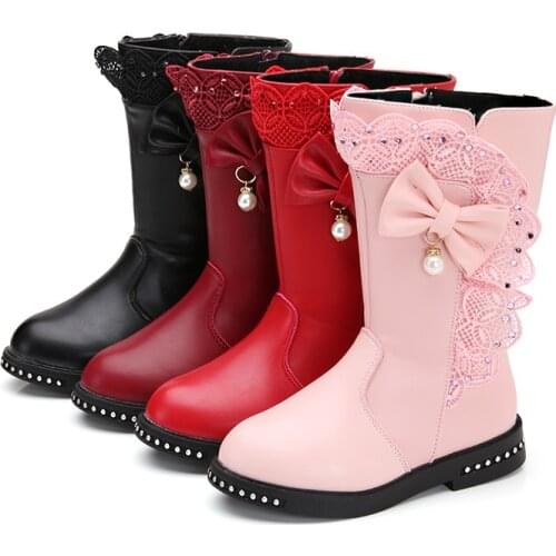 Girls' Boots Winter 2021 New High Boots Childrens Single Boots with Cotton Parent-child Shoes Mother Shoes Sweet Bow-knot Cute