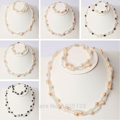High Quality 7-8mm Pretty 7 Color Natural Freshwater Pearl Necklace Bracelets Jewelry 1 Sets wj238