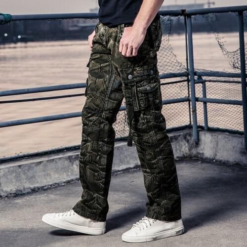 Fashion Camouflage Printed Military Cargo Pants Men Loose Baggy Tactical Trousers Casual Cotton Men Multi Pockets Straight Pants