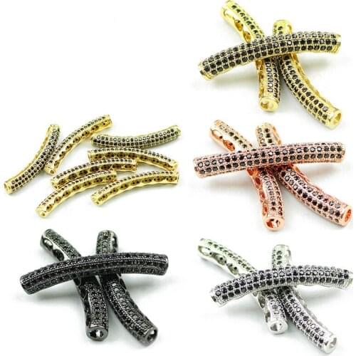 HGKLBB Black Zircon Long bending tube Copper Metal Spacer 30mm Crystal CZ Charms Loose beads for Jewelry making bracelet DIY