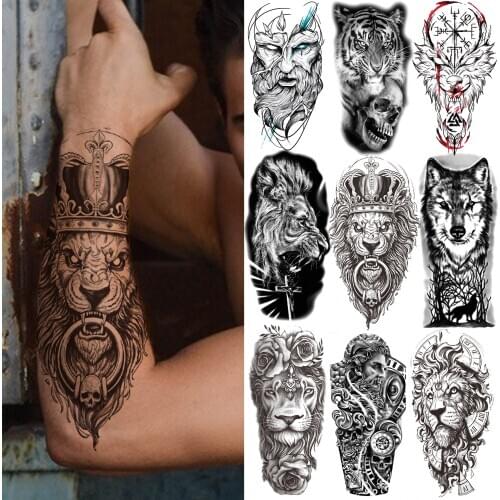 Crown Lion King Temporary Tattoos For Men Women Adult Kids Wolf Black Compass Tattoo Sticker Forest Fake Tiger Skull Tatoos Arm