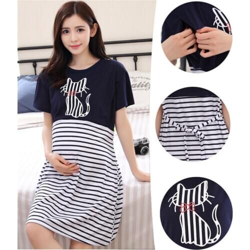 Summer Striped Maternity Pajamas Pregnant Women Feeding Dress Short Sleeve Casual Expectant Mother Clothing with Belt Loose