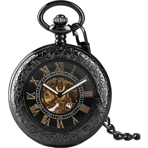 Transparent Glass Gold Roman Numerals Dial Mechanical Pocket Watch Automatic Self Winding Vintage Black Antique Pocket Clock