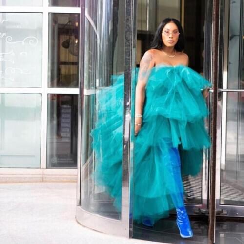 Street Fashion Women Maxi Skirt Aqua Blue jupe femme Hi low Long Tulle Skirt Tiered saias mulher Asymmetrical Skirts Womens