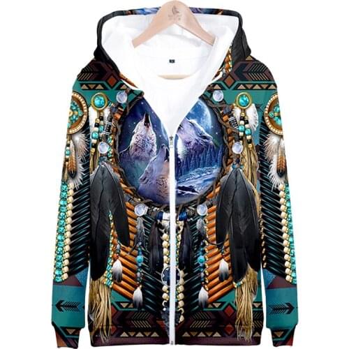 Fashion Native Indian Tribe Wolf 3d Hoody Costume Men Women Zipper Hoodies Jacket Tops Long Sleeve Harajuku 3D Hooded Sweatshirt