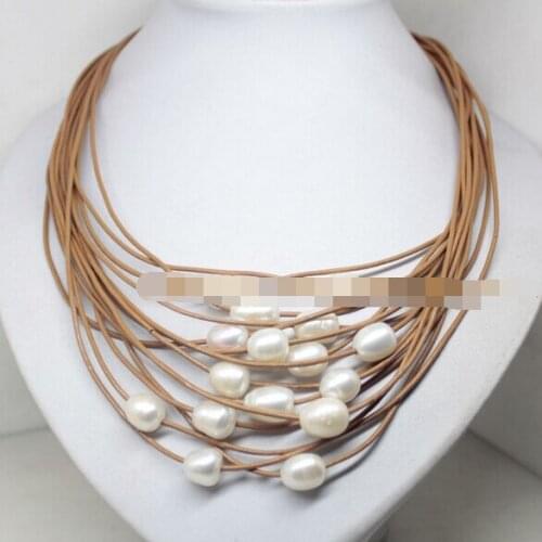 N1619 beauty 15rows natural white pearl stone brown leather handmade necklace 17.5" -Bride jewelry
