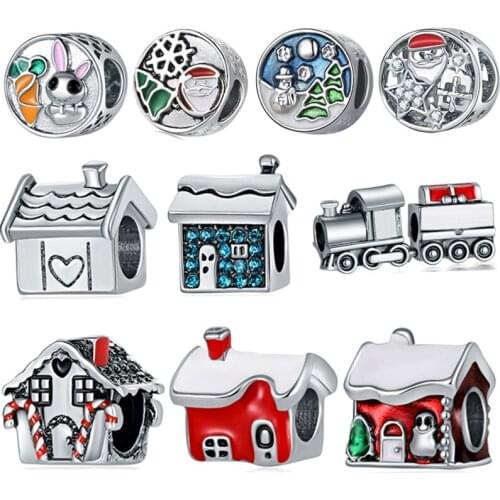 Charm Beads Zircon Alloy Snowflake House Train Santa Large Beads Fit Brand Bracelet Necklace DIY Making Women Christmas Jewelry