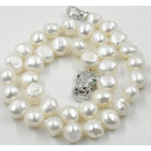 Hot New beautiful NEW 12-13mm south sea White baroque pearl necklace 18" leopard Clasp