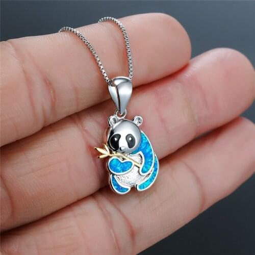 Cute Panda Gold Leaf Pendant Necklace Boho Female White Blue Opal Wedding Necklace Dainty Silver Color Chain Necklaces For Women