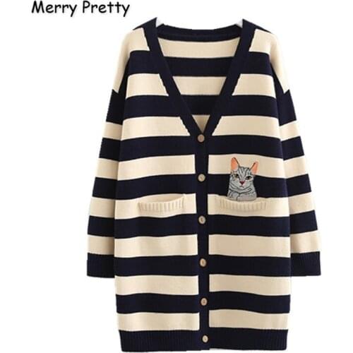 MERRY PRETTY Womens Knitted Sweaters Cartoon Cat Embroidery Knit Cardigan Single-breasted V-Neck Loose Sweater With Pockets