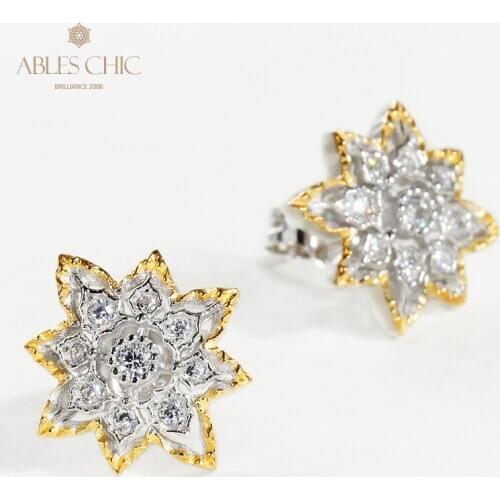 Solid Sterling Silver Star Studs Gold Vintage Flower Cubic Zirconia Earrings Renaissance Art Craftsmanship Fine Jewelry