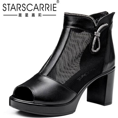 2021 summer new mesh sandals leather thick heel high heel breathable fish mouth water drill womens high top mom cool boots